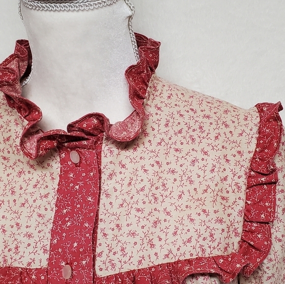 Vintage 60s JCPENNEY Tan Red Floral Calico Print Tie-Waist Boho Peasant Dress S - Picture 6 of 15